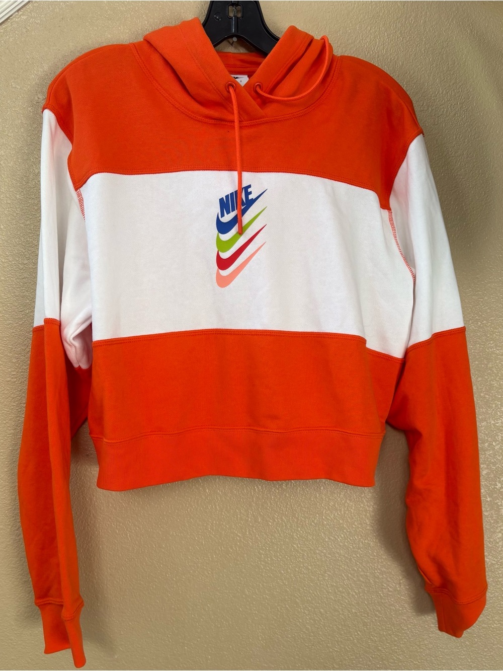 Nike Women's Orange & White Colorblock Cropped Hoodie with Multicolor Swoosh
